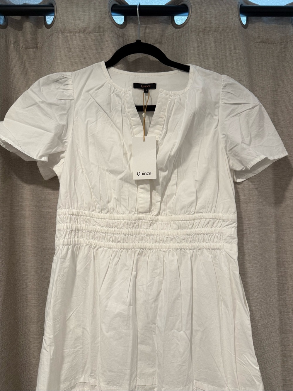 Quince White Short-Sleeve Smocked Waist Dress